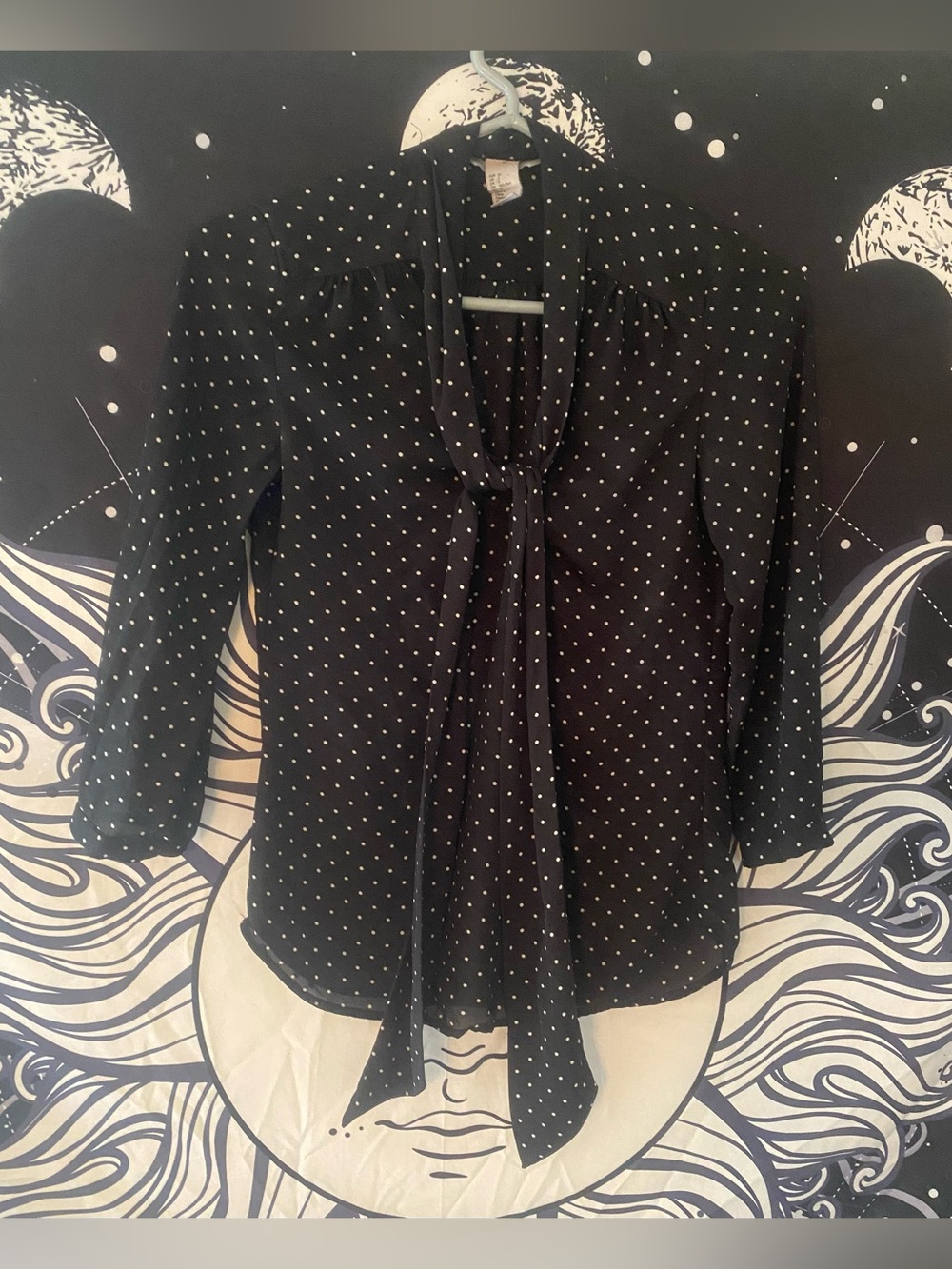 Women’s Black & White Polka Dot Neck Tie Long Sleeve Blouse